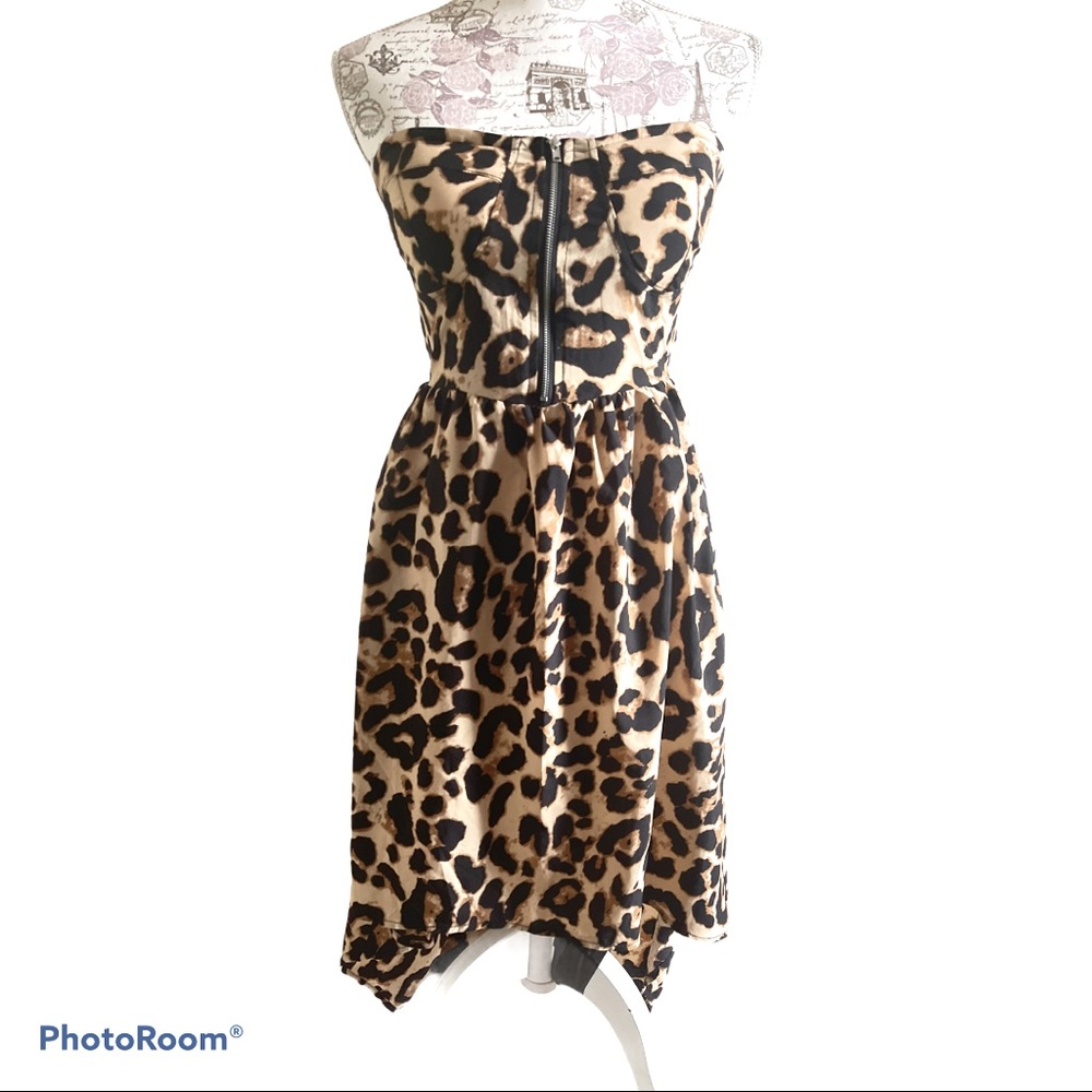 Leopard Print Strapless Smocked Hi-Lo Dress W/ Front Zipper Closure Womens Small - Picture 6 of 14